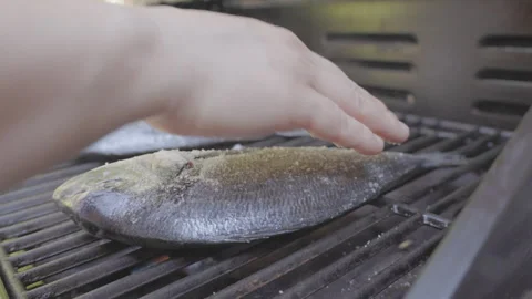 SLO MO Hand rubbing salt onto the fish on the grill Stock Footage 244976858