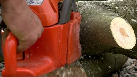 SLO MO Logger making a cut into the tree with a chainsaw Cutting through wood 스톡 동영상 336569963