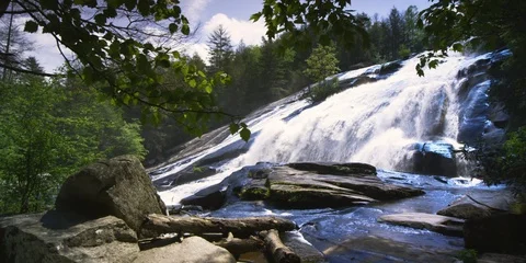 Slo-mo pan shot of High Falls in DuPont State Forest, North Carolina Stock Footage 103819607