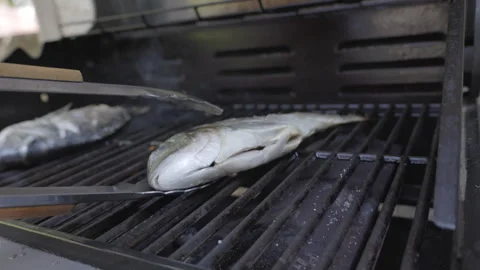 SLO MO Turning a fish on the barbecue using tongs Stock Footage 244960045