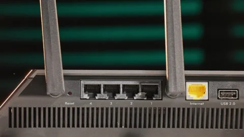 Slo mo of wi-fi routing device for local wireless and wired internet connection Stock Footage 340586124