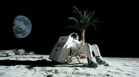 SLO MO, WS, Lockdown, astronaut on moon sitting in a reclining beach chair, Stock Footage 10700515