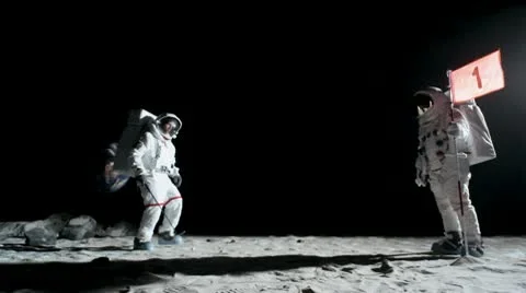 SLO MO, WS, Lockdown of two astronauts on the moon playing golf Stock Footage 10700518
