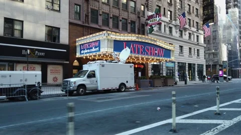 Slo Motion Empty New York City Street 54th St Ed Sullivan Theater Times Sq Stock Footage 145693970
