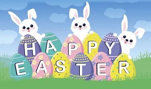 Slogan Happy Easter on eggs on grass Stock Illustration