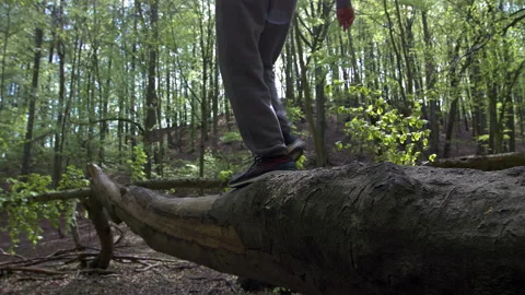 SloMo: Bearded Young Man with Face Mask Balancing on Fallen Tree and Raising Stock Footage 130783601