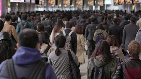 SLOMO Crowds of rush hour commuters from behind in Shinagawa station (editorial) Video stock 295449768