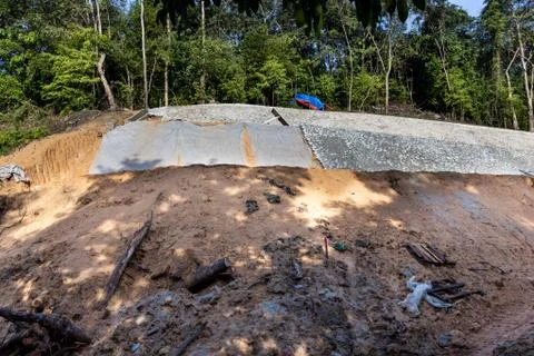 Slope retention construction work being carried out to manage landslide Stock Photos