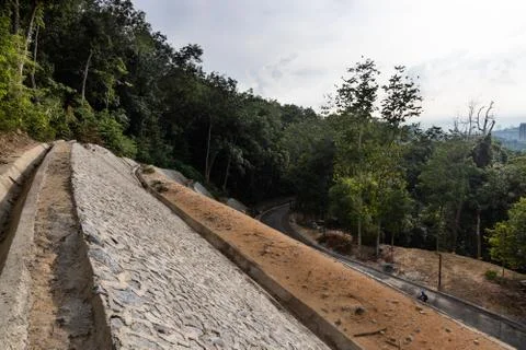 Slope retention engineering to prevent soil erosion and landslide Stock Photos