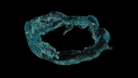 Sloping ring of turquoise blue water transforms into drop - on black, + alpha Video stock 82308063