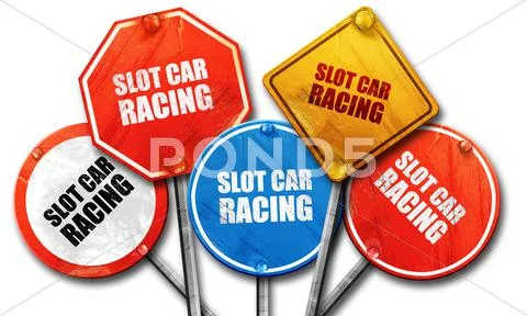 Slot car racing, 3D rendering, rough street sign collection Stock Illustration