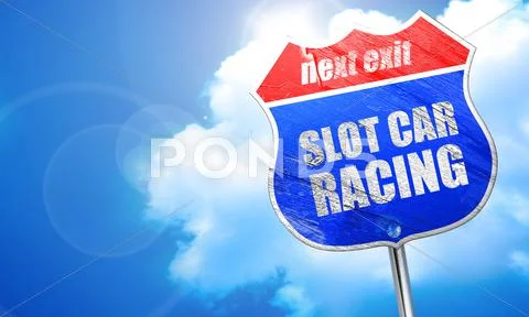 Slot car racing, 3D rendering, blue street sign Stock Illustration