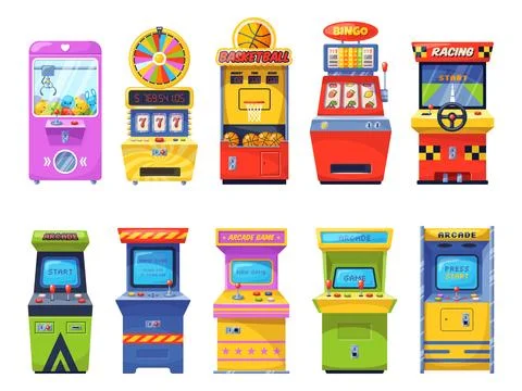 Slot machine. Arcade 8 bit gaming consoles, sport and driving simulators, retro Stock Illustration