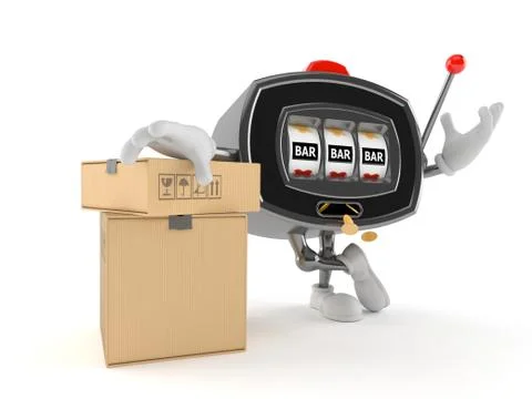 Slot machine character with stack of boxes Stock Illustration