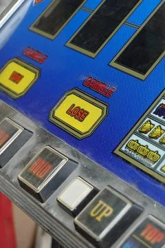 Slot Machine Control Panel Closeup Angle Blue Yellow 스톡 사진