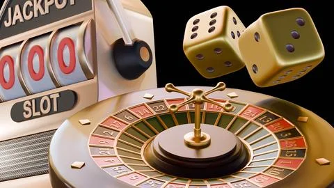 A slot machine with a roulette wheel, two golden dice and several poker chips. Stock Illustration