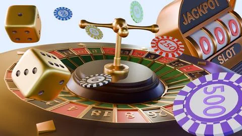 A slot machine with a roulette wheel, two golden dice and several poker chips. Stock Illustration