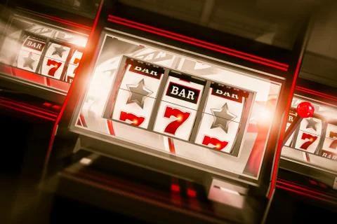 Slot Machines Spin 3D Render. Three One Handed Bandit Gambling Machines Conce Stock Illustration