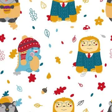 Sloth and dinosaur cartoon Vector illustration with yellow autumn pattern. Stock Illustration