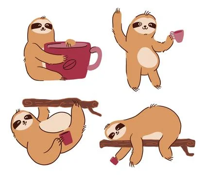 Sloth bears with cup of coffee . Hand drawn style . White isolate backgroun.. Stock Illustration