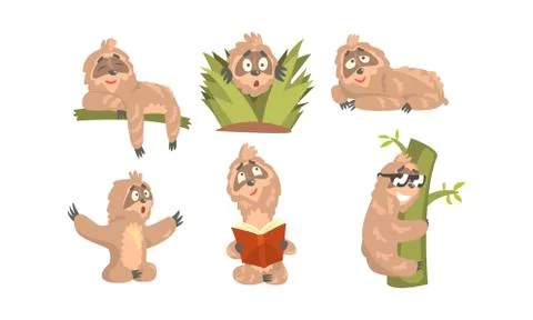 Sloth Cartoon Character Expressing Different Emotions Vector Set Stock Illustration