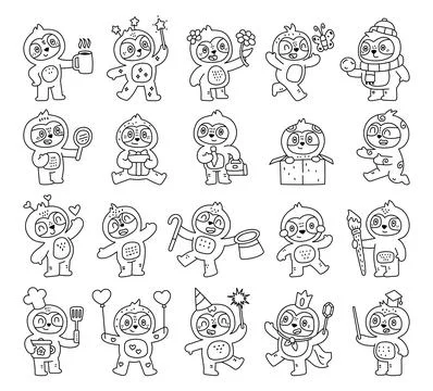 Sloth character set in outline line art Stock Illustration