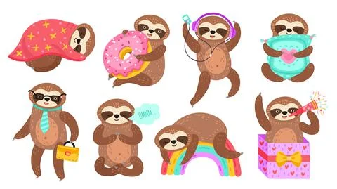Sloth characters. Isolated sloths, lazy funny cartoon animal reading. Sleep on Stock Illustration
