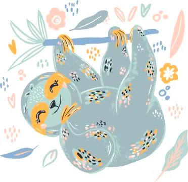 Sloth cute doodle hand drawn flat vector illustration. Wild rainforest animal Stock Illustration