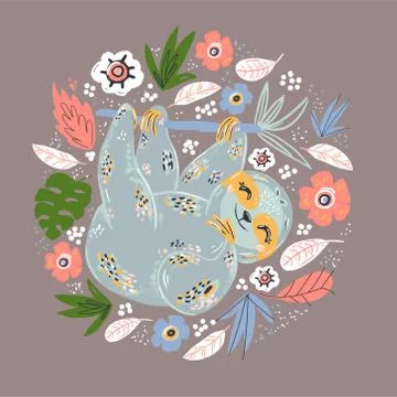 Sloth flat hand drawn circle illustration. Lazy cartoon animal character hang Stock Illustration