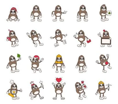 Sloth groovy character set showing cute animals Illustrazione stock