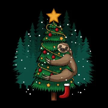 Sloth hugging tree merry christmas vector illustration Stock Illustration