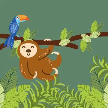 Sloth parrot branch Stock Illustration