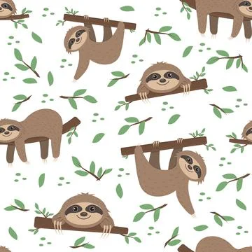 Sloth pattern on a background of tropical leaves on a green background Illustrazione stock