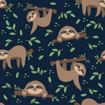 Sloth pattern on a background of tropical leaves on a green background Stock Illustration