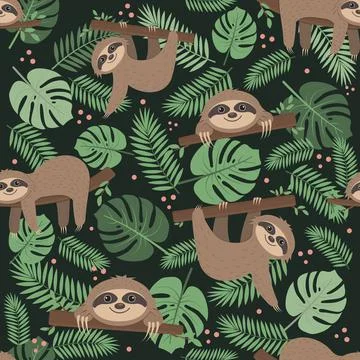 Sloth pattern on a background of tropical leaves on a green background Illustrazione stock