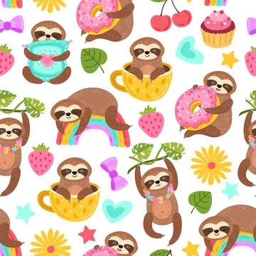 Sloth pattern. Sleep animal, cartoon sloths eat dancing or dream. Cute zoo Illustrazione stock