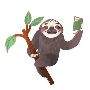 A sloth reading and sitting on a branch 스톡 일러스트