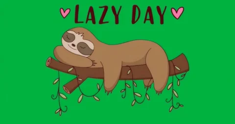 Sloth resting on branch under red LAZY DAY with two pink hearts on transparent Stock Footage 317284893