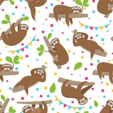 Sloth seamless pattern. Relaxing sloths on jungle summer forest brunches Stock Illustration