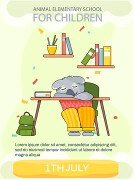 Sloth is sleeping on desk during lesson. Animal elementary school for children Stock Illustration