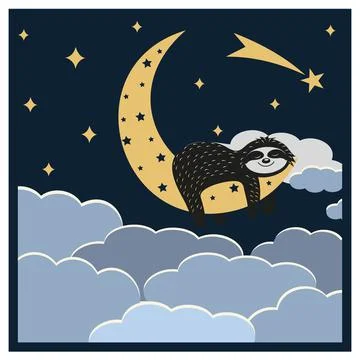 Sloth sleeps on the moon among the clouds, made by layers paper cutting, 3d a Stock Illustration