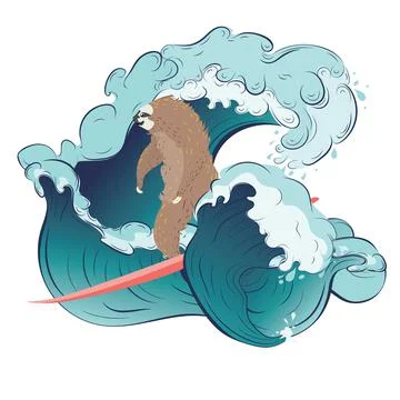 Sloth surfing waves Stock Illustration