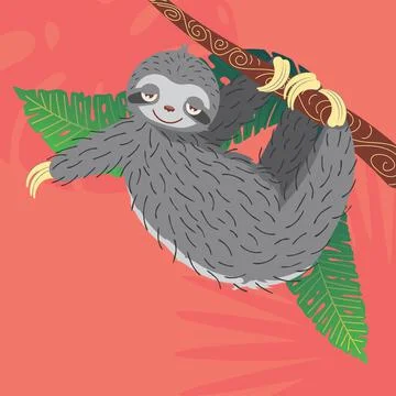 Sloth with tropical leaves Stock Illustration