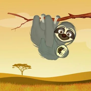Sloths hanging on the tree Stock Illustration