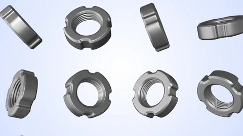 Slotted Nuts Falling on a Light Blue Background. Stainless Steel Nuts 3D. 4K Stock Footage 303766802