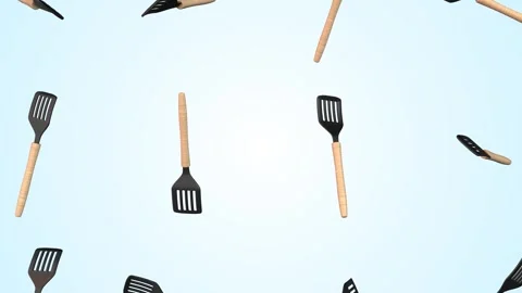 Slotted Spatulas Falling on a Light Background. Cooking Utensil 3D Animation. 4K Stock Footage 293956787