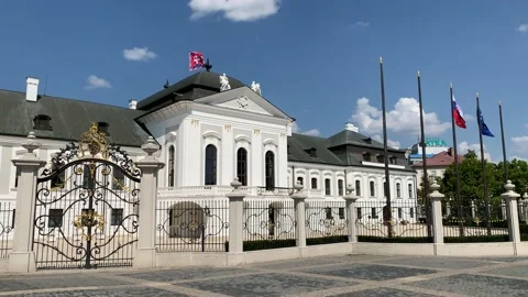 Slovak and EU flags are waiving at Presidential Palace. Bratislava, Slovakia Stock Footage 221369847