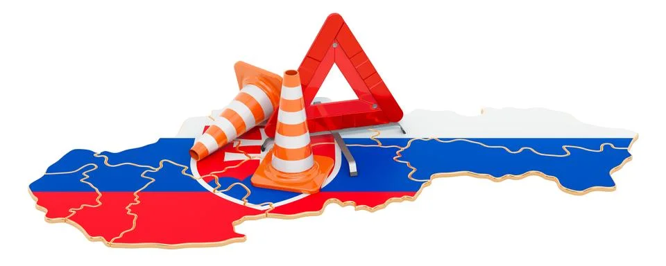 Slovak map with traffic cones and warning triangle, 3D rendering Stock Illustration