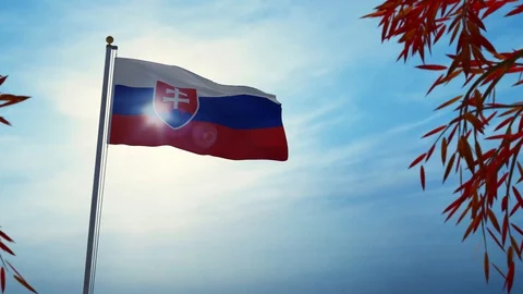 Slovakia flag flying through trees with sun - 3d animation Stock Footage 128755886