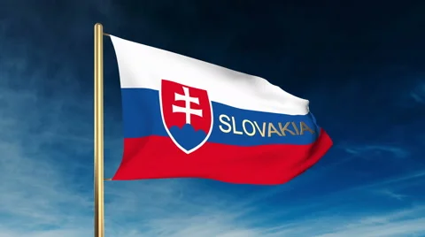 Slovakia flag slider style with title. Waving in the wind with cloud background Stock Footage 47986132
